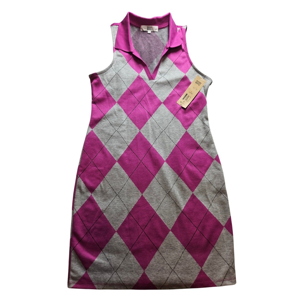 Madden NYC Pink Grey Argyle Sleeveless V-Neck Polo Mini Dress Large NWT